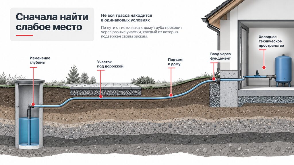 Схема слабых мест подземного водопровода при промерзании трубы