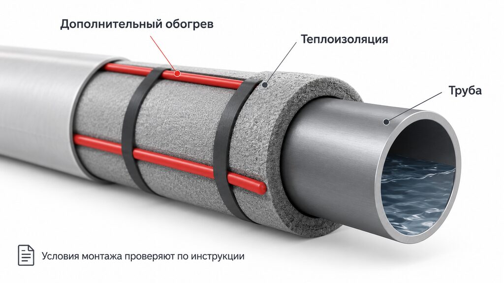 Схема теплоизоляции и дополнительного обогрева наружной водопроводной трубы